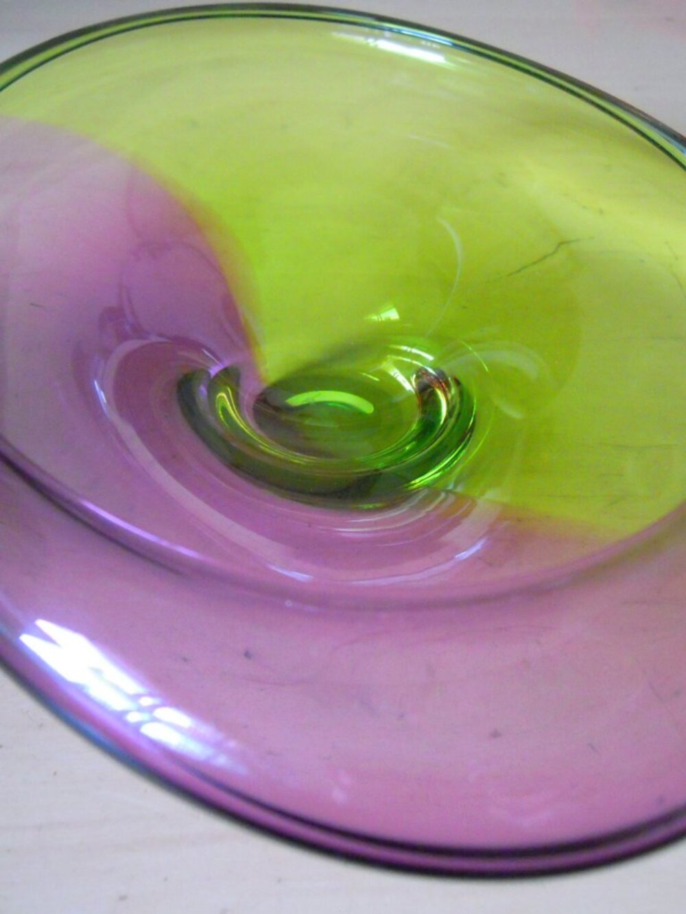 Krystyna glass Studio Art bowl Centerpiece Jan Benda Cranberry Pink Green Czech